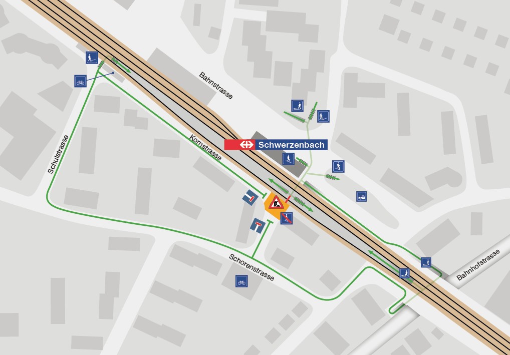 Die Karte zeigt, wie die Gleise 1, 2 und 3 über die Schulstrasse und Bahnstrasse erschlossen werden können.