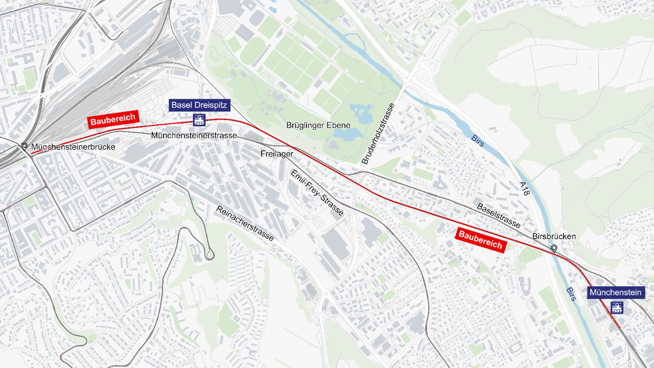 Der Plan zeigt rot markiert den Streckenabschnitt, innerhalb welchem die Arbeiten stattfinden. Er reicht von der Münchensteinerbrücke in Basel bis zum Bahnhof Münchenstein.