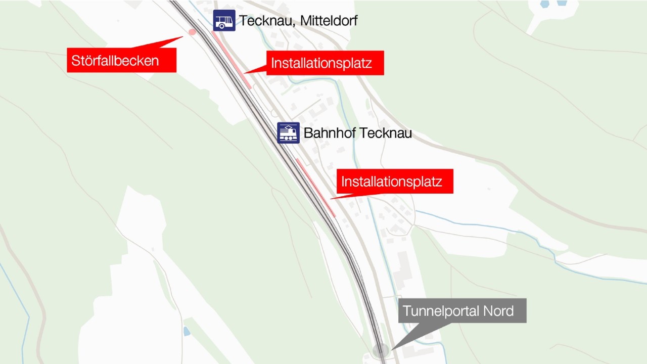 Die Karte zeigt die Lage des Störfallbeckens und der Installationsplätze in Tecknau.