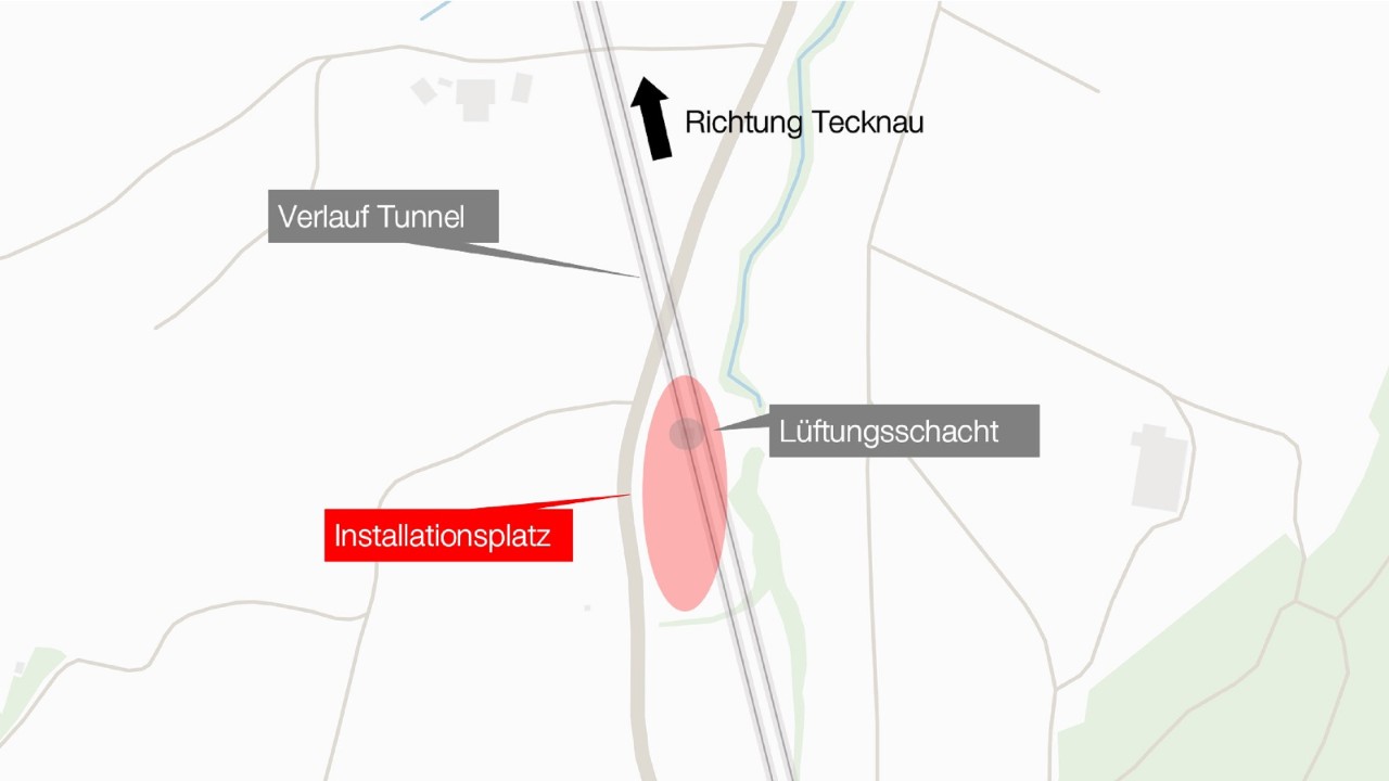 Die Karte zeigt die Lage des Lüftungsschacht in Zeglingen sowie die Lage des dortigen Installationsplatzes.