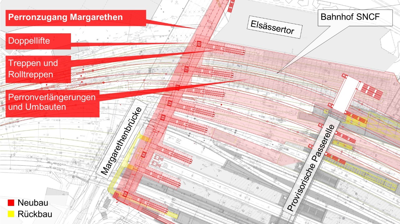 Die Grafik zeigt die Lage des Perronzugangs Margarethen und die damit verbundenen Umbauten im Bereich der Gleise und Perrons gemäss Vorstudie vom Februar 2022.