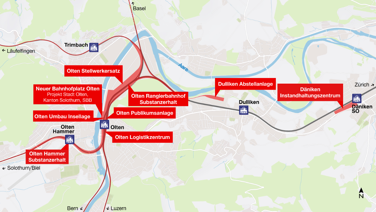 Schematische Übersichtskarte des Bahnknotens Olten mit den wichtigsten geplanten Ausbauprojekten entlang der Bahnlinien zwischen Trimbach, Olten, Dulliken und Däniken. Die Grafik zeigt mehrere Vorhaben im Bereich Bahnhof, Rangierbahnhof, Logistik- und Abstellanlagen sowie Instandhaltungseinrichtungen.