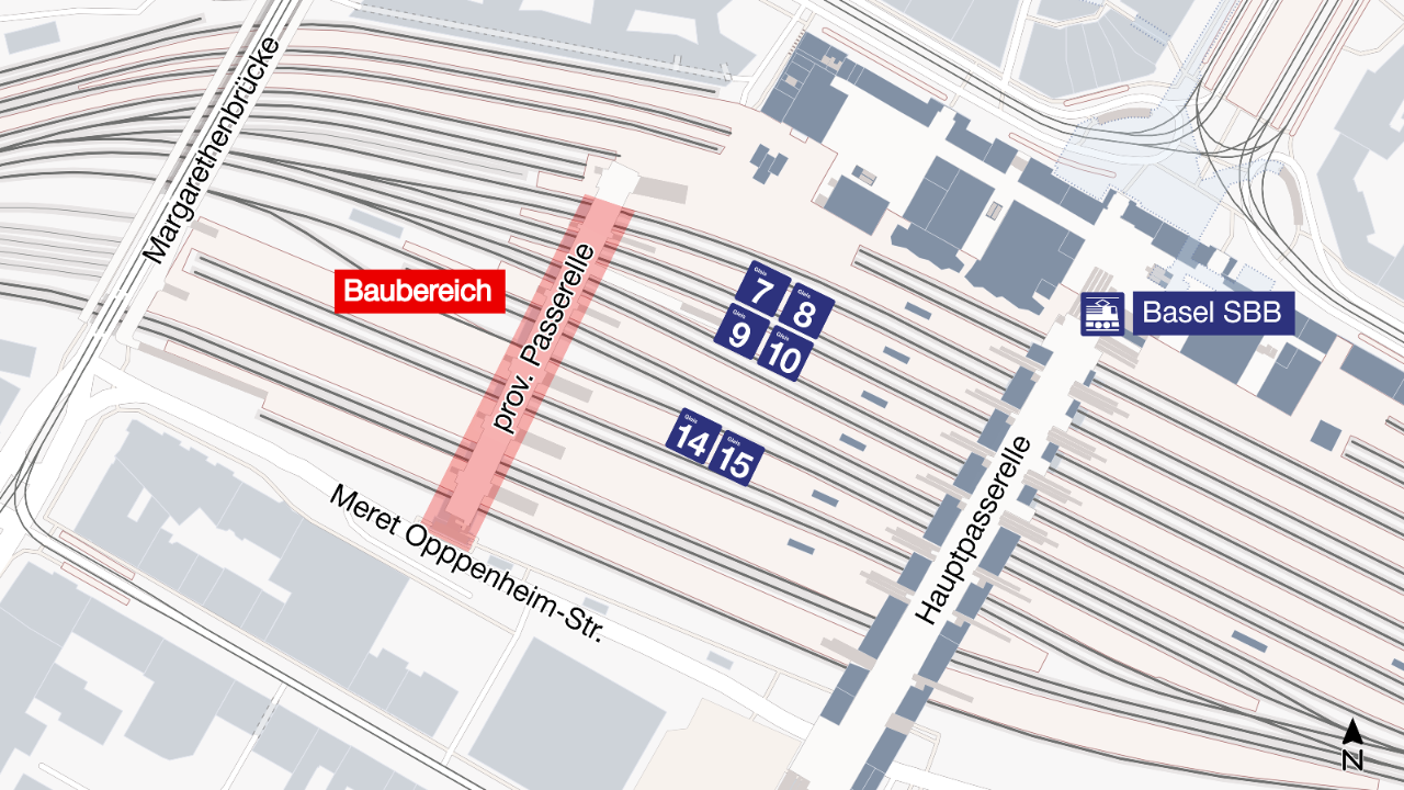 Übersichtskarte des Bahnhofs Basel SBB mit markiertem Baubereich bei der provisorischen Passerelle auf der Südseite des Bahnhofs. Der hervorgehobene Bereich verläuft zwischen der Meret-Oppenheim-Strasse und den Gleisanlagen westlich der Hauptpasserelle. Die Darstellung dient der räumlichen Einordnung der Arbeiten im Bahnhofsumfeld.