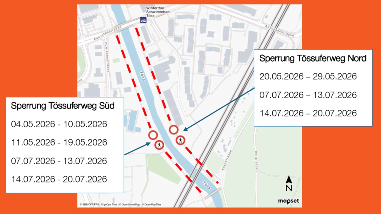 Die Grafik zeigt die Sperrung der Tössuferwege. 