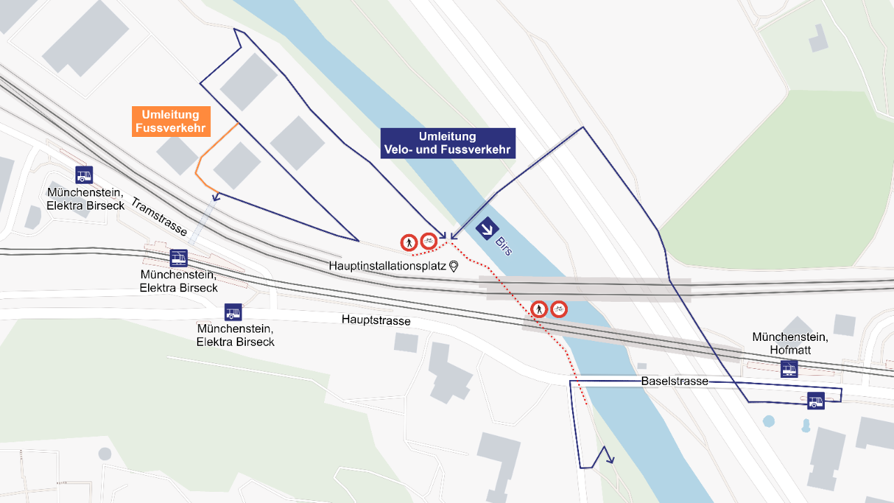 Der Plan zeigt die zusätzliche Sperre des Münchenstein-seitigen Uferwegs sowie die Umleitungen für Fuss- und Veloverkehr.