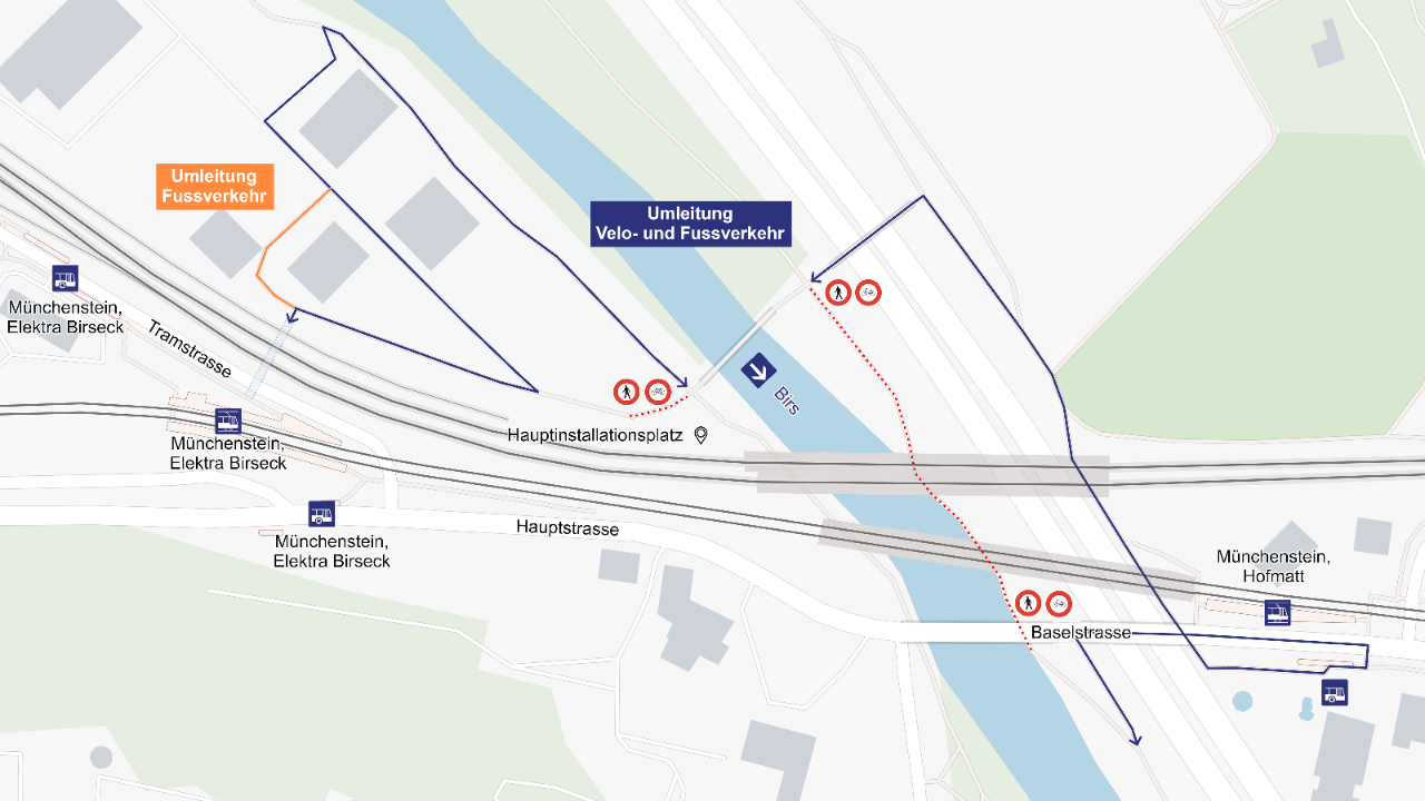 Der Plan zeigt die zusätzliche Sperre des Basel-seitigen Uferwegs sowie die Umleitungen für Fuss- und Veloverkehr.