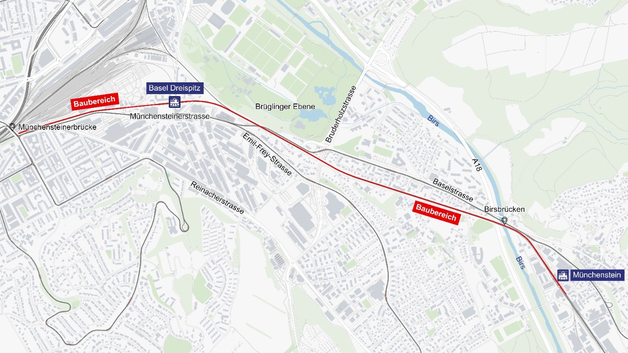 Die SBB optimiert im Rahmen des Projekts Leistungssteigerung Basel SBB auf der Strecke Basel–Münchenstein die Stellwerktechnik und die Signalanlagen. Der Plan zeigt rot markiert den Streckenabschnitt, innerhalb welchem diese Arbeiten stattfinden.