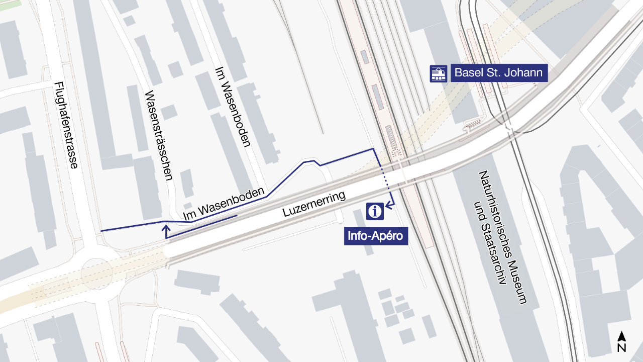 Die Karte zeigt, wo der Info-Apéro stattfindet: in den Baucontainern auf dem Installationsplatz Kannenfeld Nord 1 gegenüber dem gemeinsamen Neubau des Naturhistorischen Museums Basel und des Staatsarchivs Basel-Stadt im St. Johann. Der Fussweg zu den Containern ist blau eingezeichnet. 