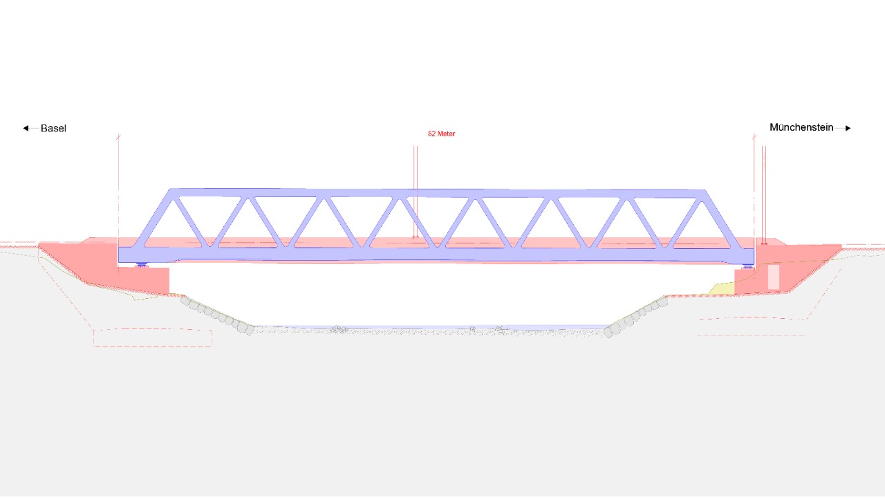 Die Grafik zeigt die Gestaltung der beiden neuen, von aussen sichtbaren Fachwerkträger, im Fall der Grafik mit Blick auf die obere Brücke.