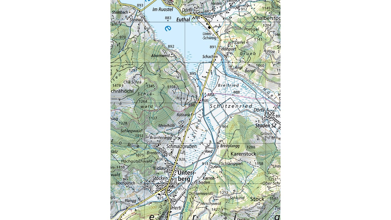 Der Kartenausschnitt zeigt den heutigen Verlauf der begradigten, kanalisierten Minster, die in den Sihlsee mündet.