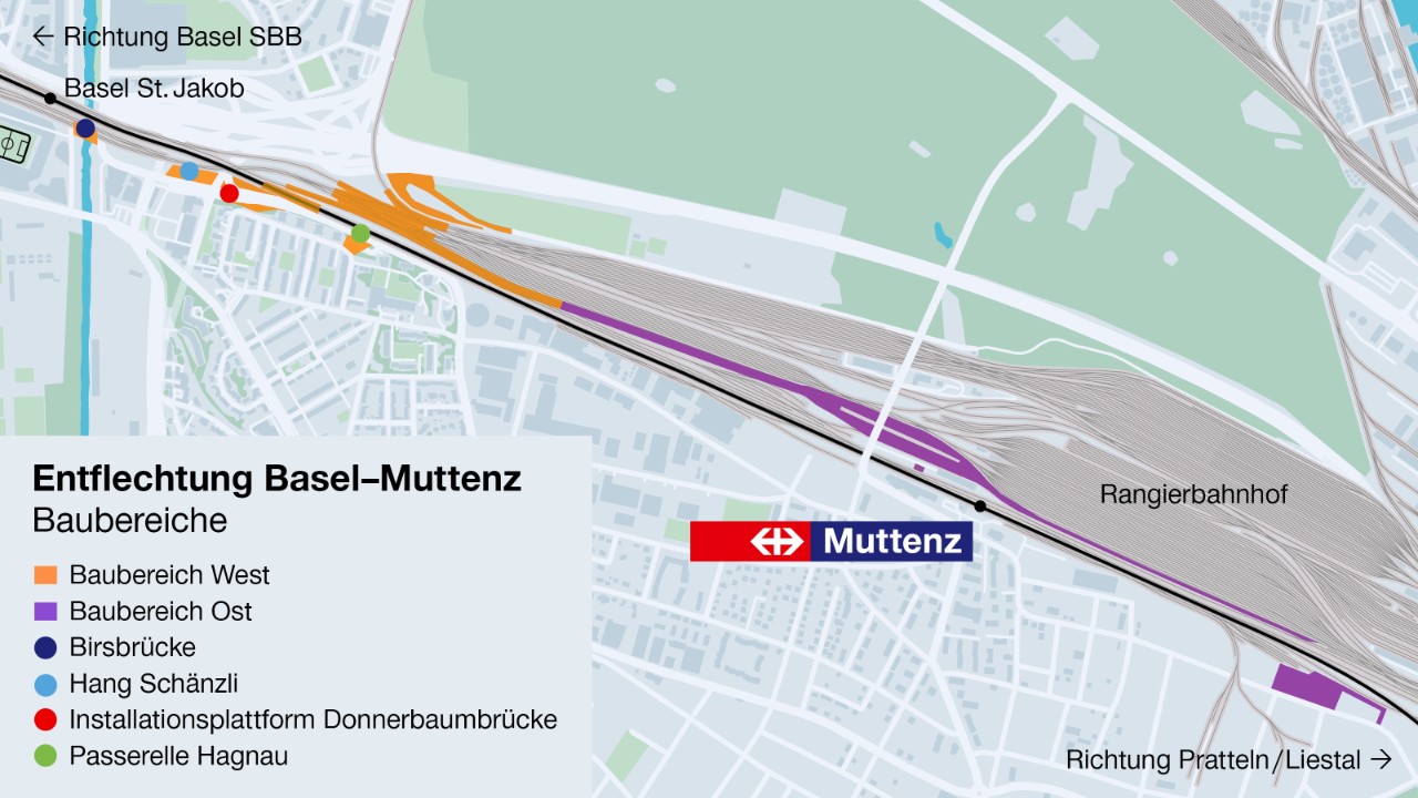 Die Karte von Muttenz zeigt ergänzend zur Tabelle die Baubereiche an, in welchen Arbeiten für die Entflechtung Basel–Muttenz stattfinden.