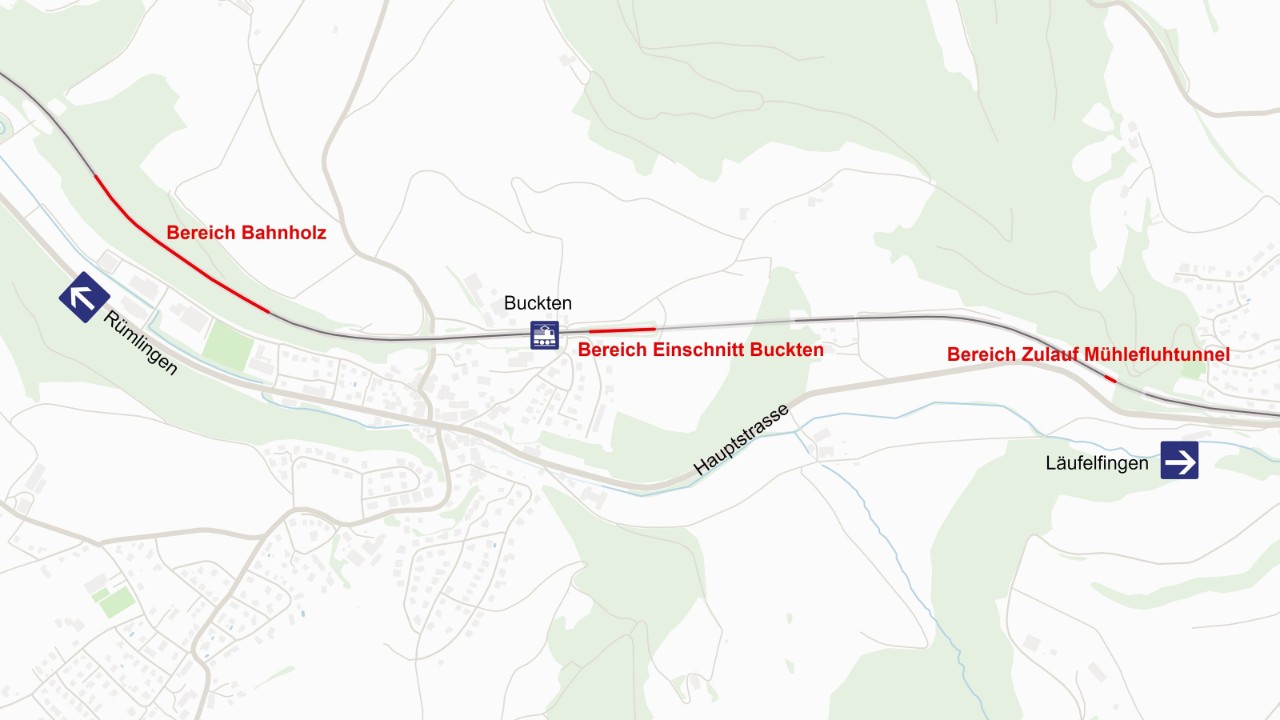 Die Karte zeigt – rot markiert – die Baubereiche auf dem Abschnitt Läufelfingen–Rümlingen.