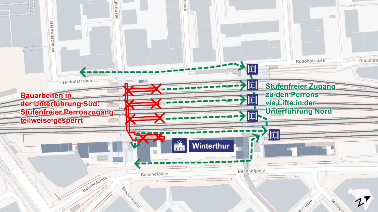 Die Grafik zeigt, ein Plan des Bahnhofs Winterthur. Die Rampen von der Personenunterführung Süd zu den Perrons sind rot eingezeichnet. Die Umwege für barrierefreie Zugänge zu den Perrons verlaufen über die Lifte der Personenunterführung Nord.