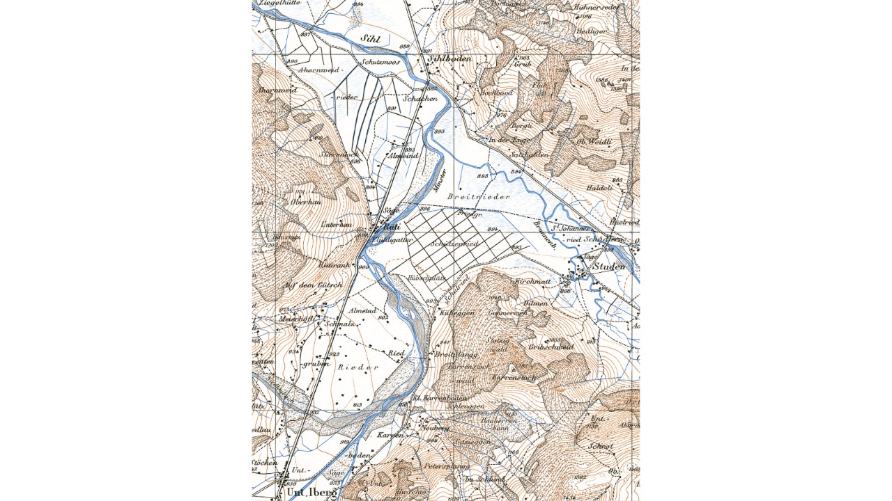 Der Kartenausschnitt zeigt den natürlichen Verlauf der Minster im Jahr 1926. Die Minster floss damals gewunden durch die Landschaft und verzweigt sich abschnittsweise in verschiedene Flussarme.