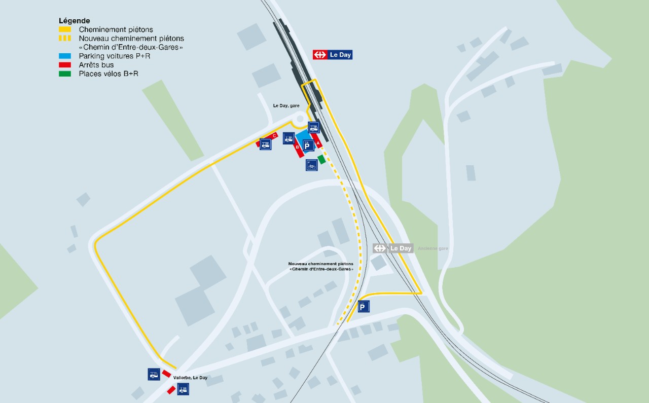 Plan de la nouvelle gare du Day avec ses accès et aménagements.