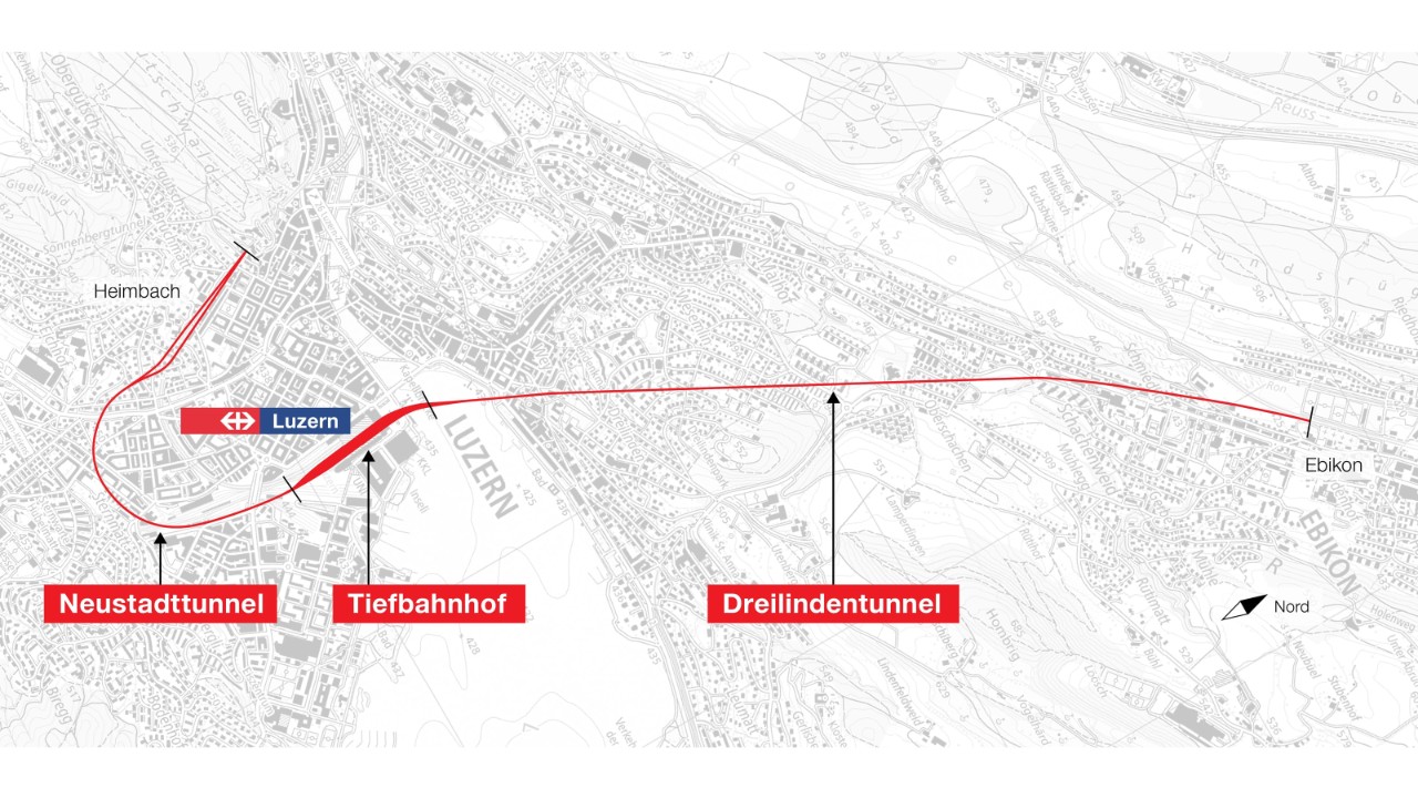 Die Kartengrafik zeigt eine Übersicht über die drei Projektteile des Projekts Durchgangsbahnhof mit Tiefbahnhof im Zentrum, dem Dreilindentunnel von Ebikon her sowie dem Neustadttunnel, mit dem der Teifbahnhof im Bereich Heimbach an die bestehenden Gleise angeschlossen wird.