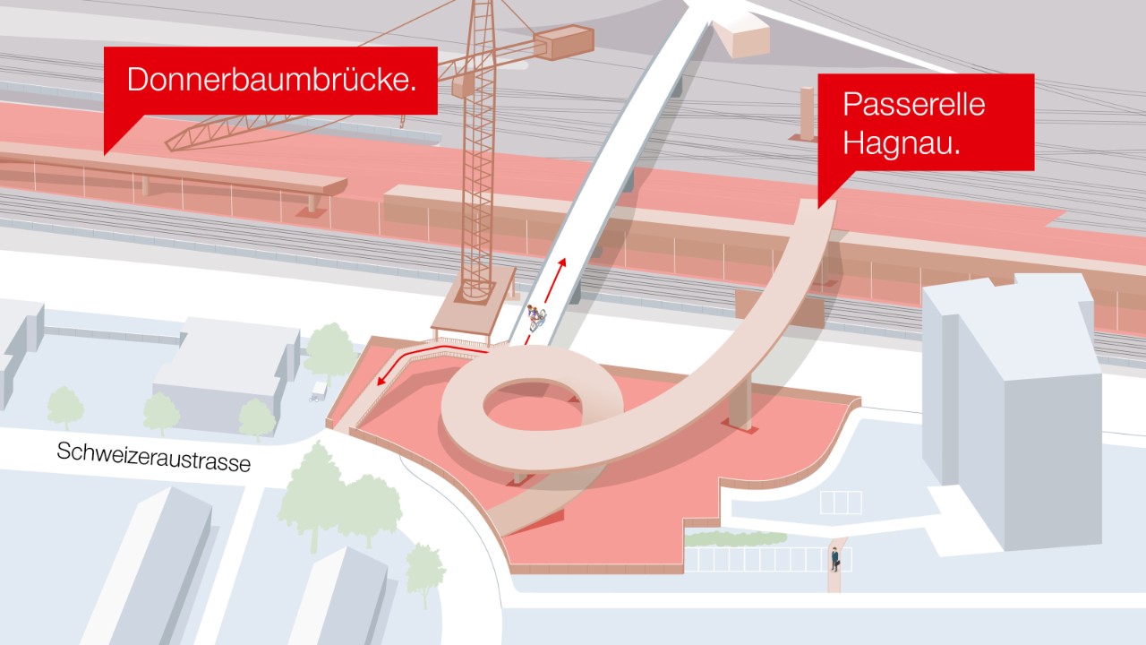 Die Grafik zeigt, wie auf dem Installationsplatz Dammstrasse nun die Passerelle Hagnau entsteht und wie im Gleisfeld die Auffahrt zur Donnerbaumbrücke erstellt wird.