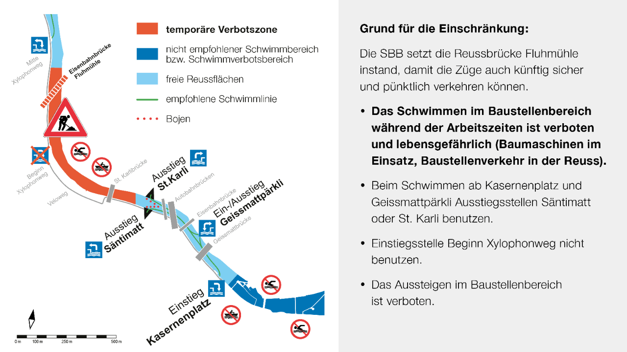 Die Grafik zeigt die temporäre Verbotszone in der Reuss in Luzern. Die orange Verbotszone deckt den Flussbereich von den Ausstiegen Säntimatt und St. Karli bis zur Eisenbahnbrücke Fluhmühle ab.