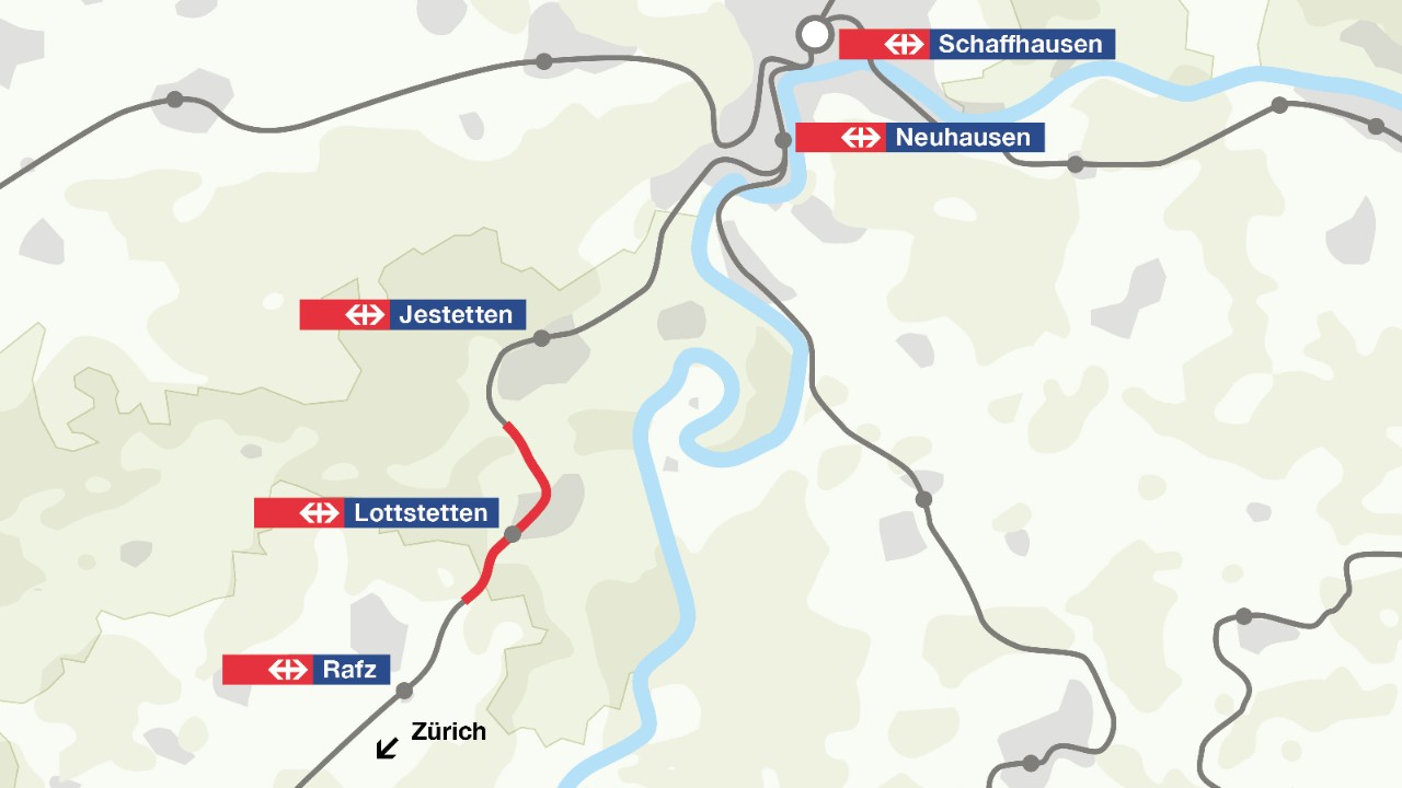Die Grafik zeigt die geografische Lage der Strecke Lottstetten-Jestetten.