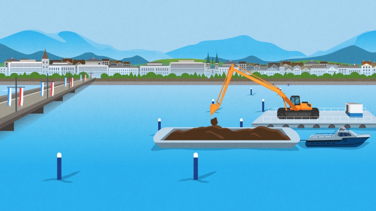 Das Bild zeigt eine Visualisierung mit einem Bagger auf einer Installtionsplattform im Luzerner Seebecken, der Aushubmaterial auf ein Transportschiff verlädt.