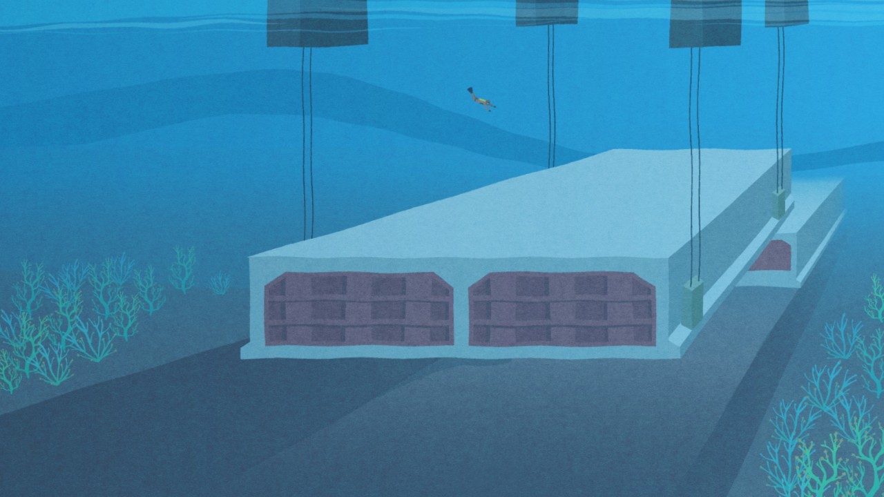 Das Bild zeigt eine Visualisierung mit eine zweiröhrigen Tunnelelement, das unter Wasser an Stahlseilen in die Baugrube abgesenkt wird.