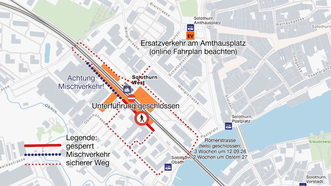 Alternative Fusswege im Bereich Bahnhof Solothurn West (mittlerer Abschnitt) während der Sperrung vom Dezember 2025 bis Dezember 2027.