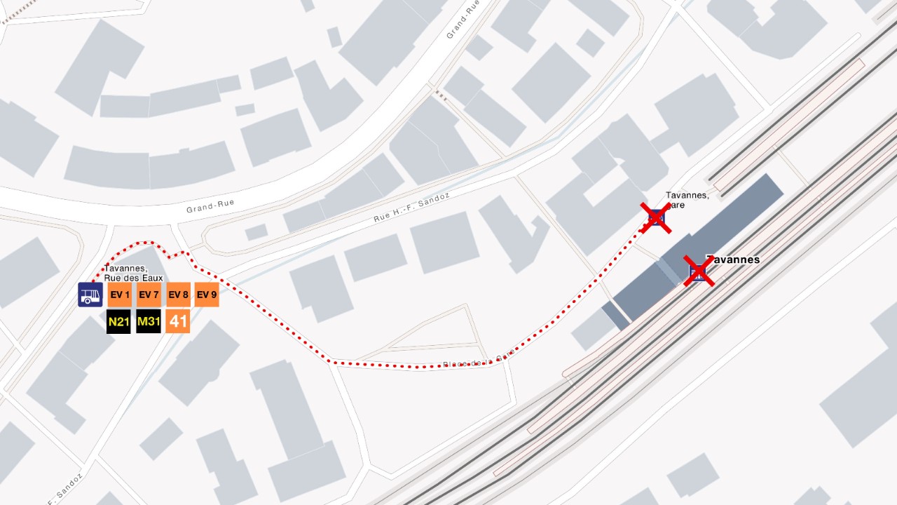 Plan avec emplacement de l’arrêt Tavannes, Rue des Eaux.