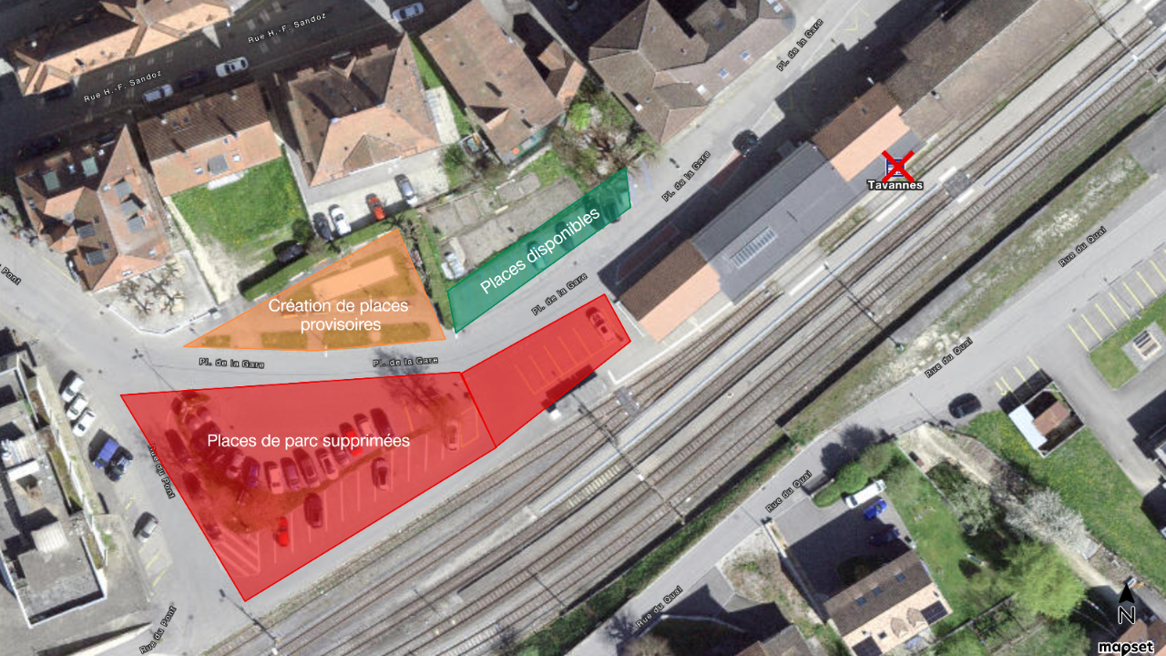 Plan des places de parc supprimées et disponibles à la gare de Tavannes.