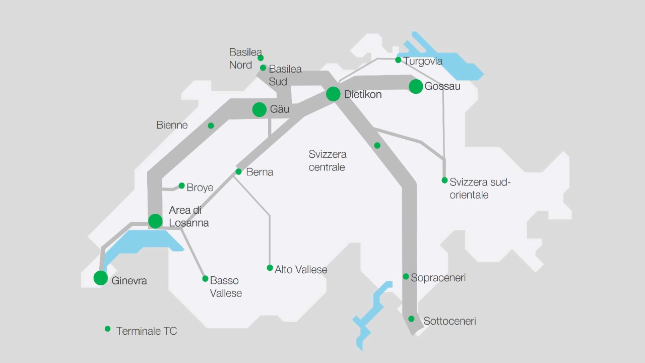 Cinque nuovi terminal per il trasporto combinato tra Ginevra e San Gallo: Ginevra, Regione di Losanna, Gäu, Dietikon e Gossau.