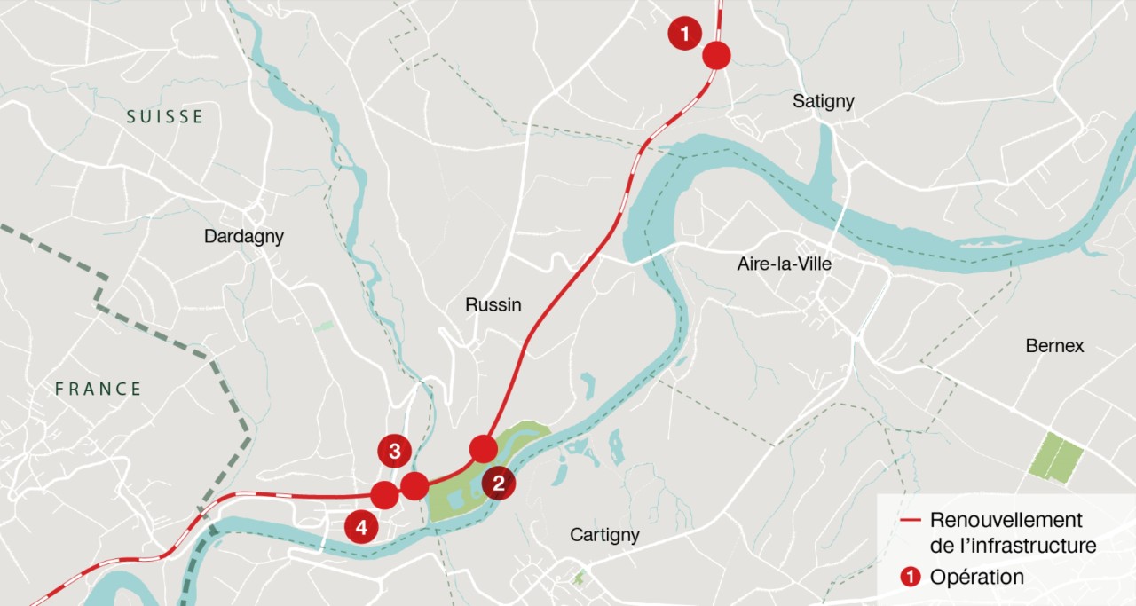 Mappa dei lavori tra Satigny e La Plaine.