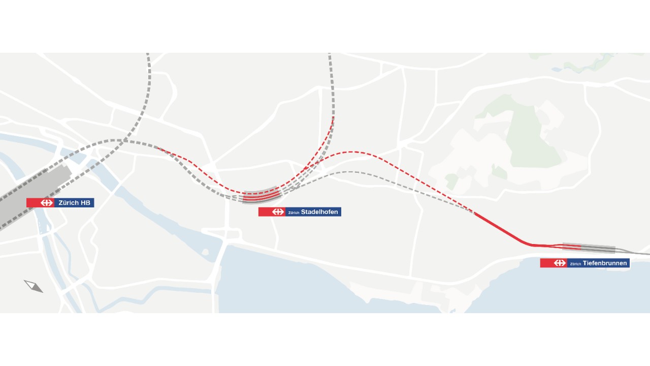 Die Grafik zeigt die Stadt Zürich aus der Vogelperspektive mit den eingezeichneten Bauvorhaben zwischen Zürich HB und Zürich Tiefenbrunnen: zweiter Hirschengrabentunnel, Ausbau des Bahnhofes Zürich Stadelhofen, zweiter Zürichbergtunnel Richtung Zürich Stettbach, zweiter Riesbachtunnel nach Zürich Tiefenbrunnen, Ausbau der Strecke vom Portal Tiefenbrunnen bis zum Bahnhof Zürich Tiefenbrunnen, Anpassung des Bahnhofs Zürich Tiefenbrunnen.