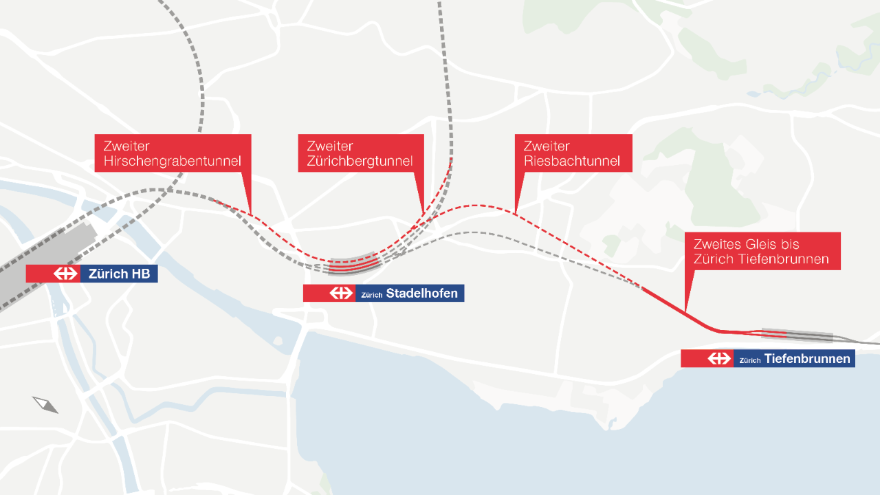 Auf der Karte sieht man die mit dem Projekt Ausbau Zürich Stadelhofen geplanten neuen Bahnlinien: zweiter Riesbachtunnel vom Bahnhof Zürich Stadelhofen Richtung Tiefenbrunnen, zweites Gleis vom Portal Tiefenbrunnen bis Bahnhof Zürich Tiefenbrunnen, den zweiten Zürichbergtunnel als Anschluss Richtung Stettbach und zweiter Hirschengrabentunnel Richtung Zürich HB.