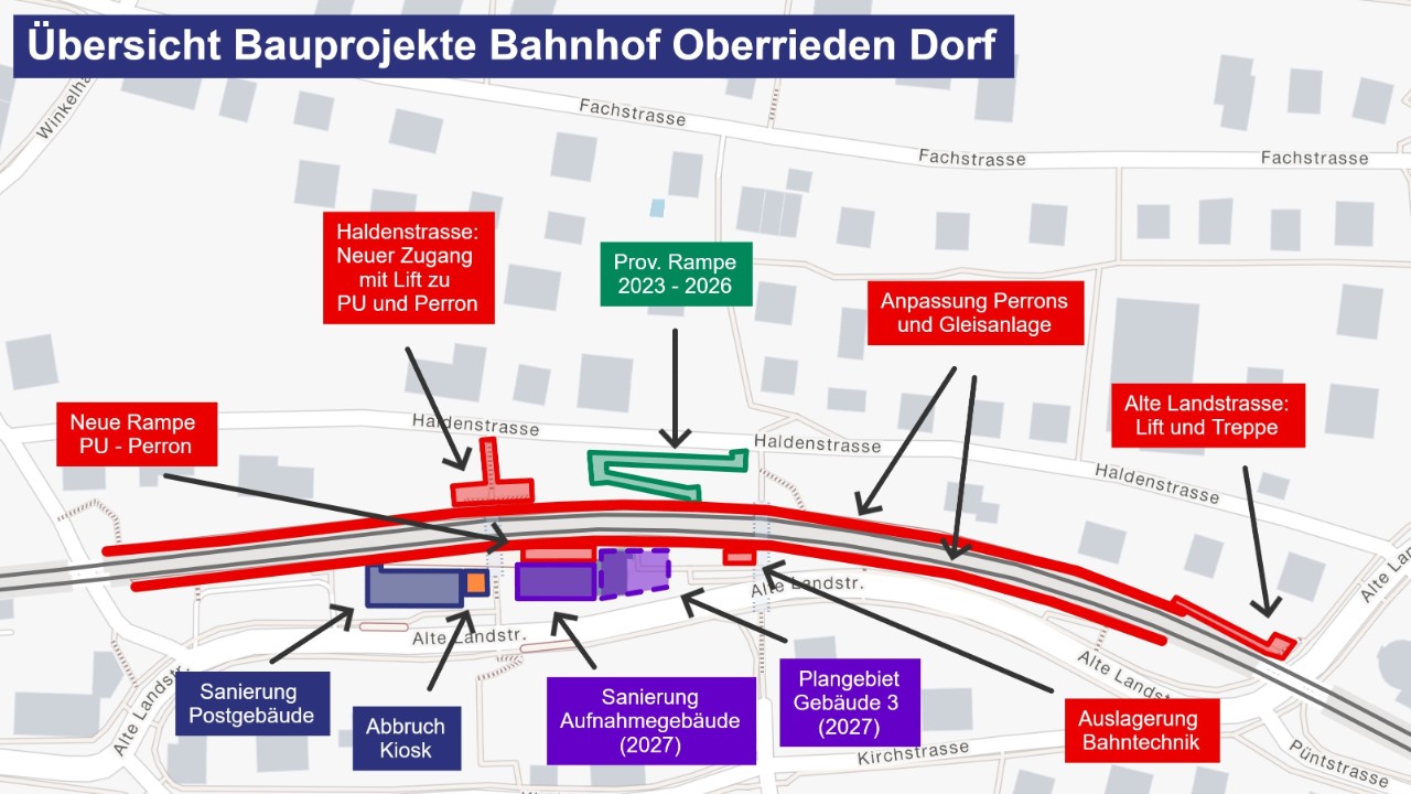 Die Grafik zeigt eine Karte mit den verschiedenen Bauprojekten der SBB am Bahnhof Oberrieden Dorf, wie sie im Text beschrieben werden.