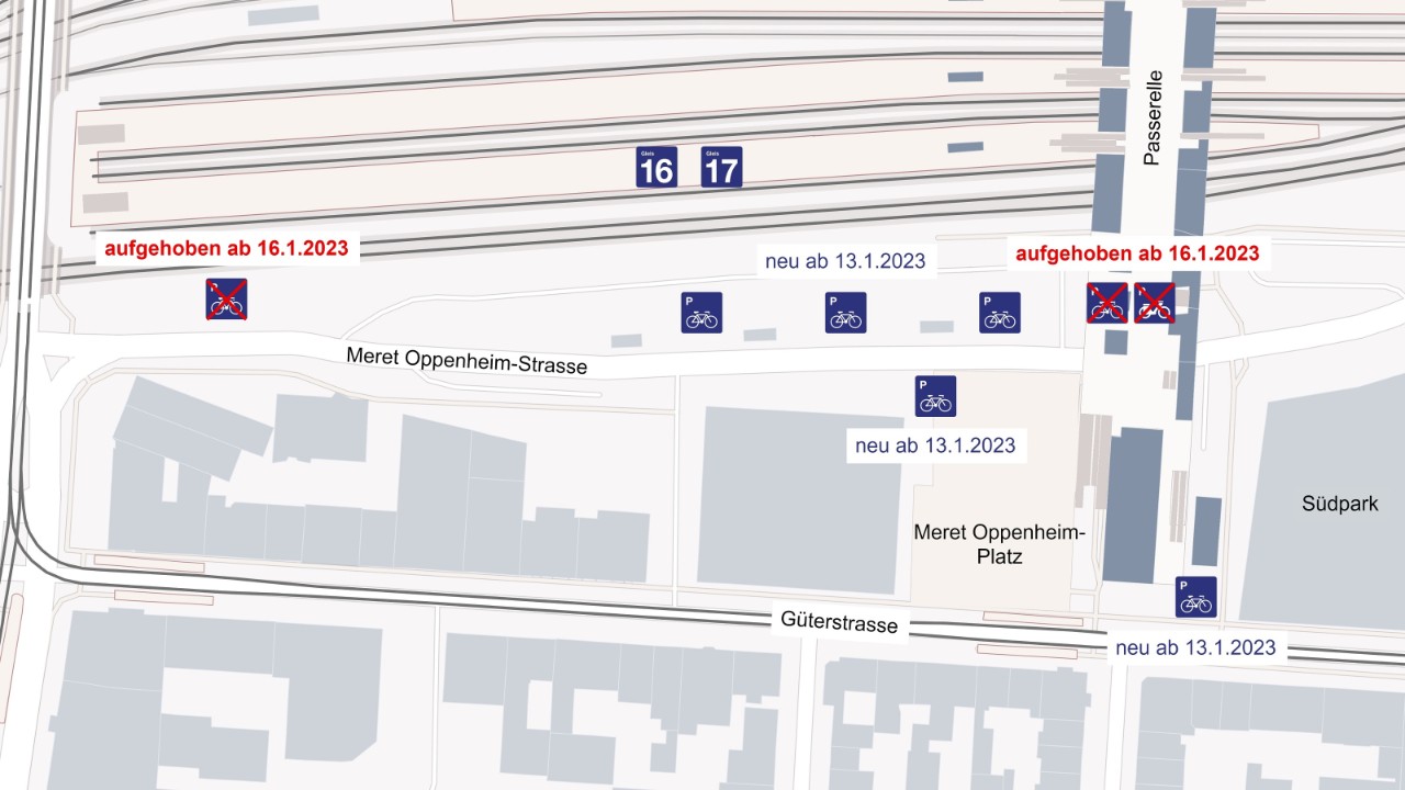 Die Grafik zeigt die Veloabstellplätze an der Meret Oppenheim-Strasse, welche aufgehoben werden, sowie die Lage der neuen Plätze.