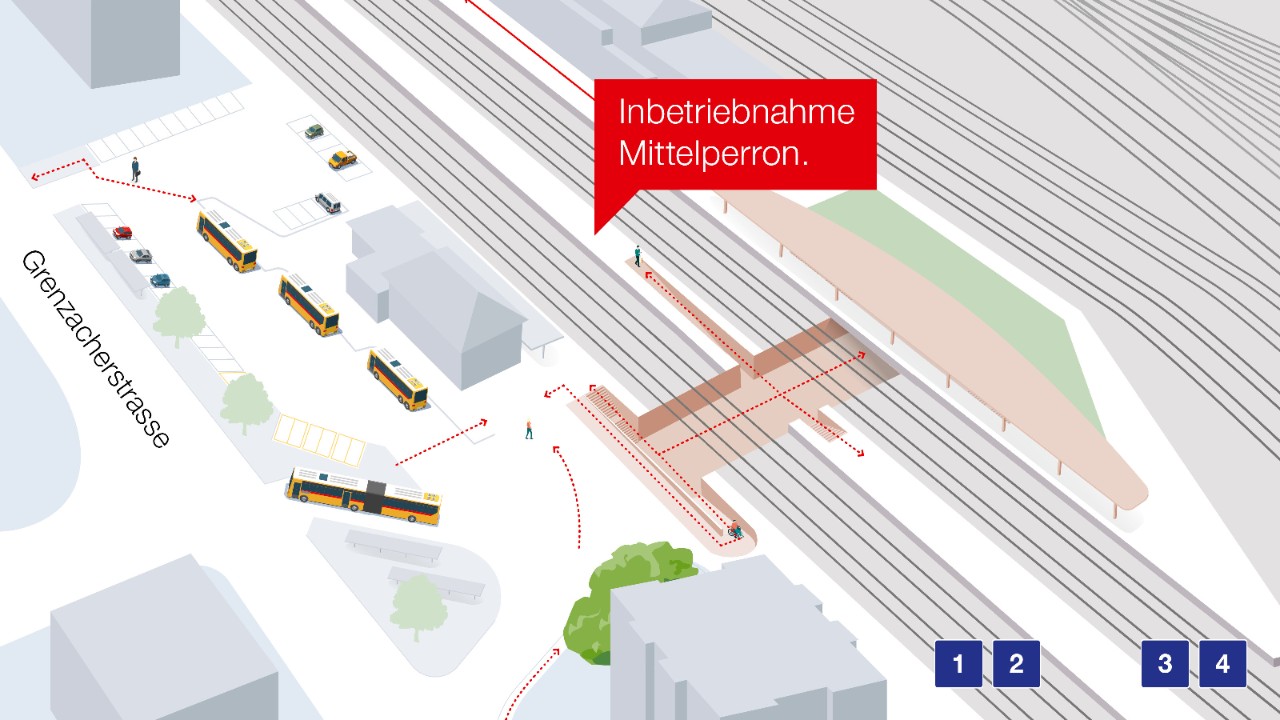 Die Grafik zeigt eine schematische Übersicht über den Baubereich Bahnhof Muttenz. Hervorgehoben ist der Bereich des Mittelperrons, wo nun der Asphaltdeckbelag noch eingebaut wird.