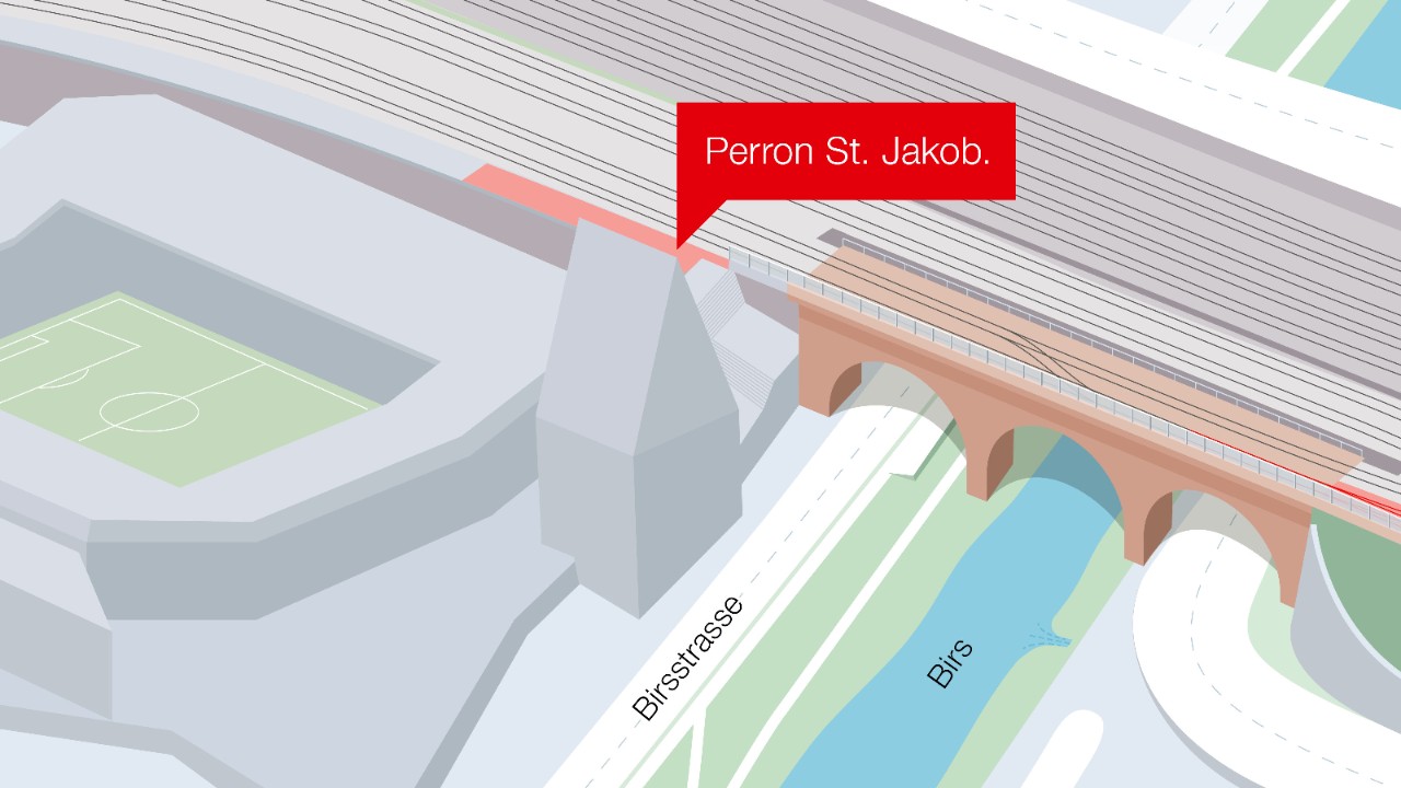 Die Grafik zeigt eine schematische Übersicht über den Baubereich Birsbrücke-St. Jakob. Hervorgehoben ist der Perronbereich der Haltestelle St. Jakob, wo nun Arbeiten stattfinden werden.