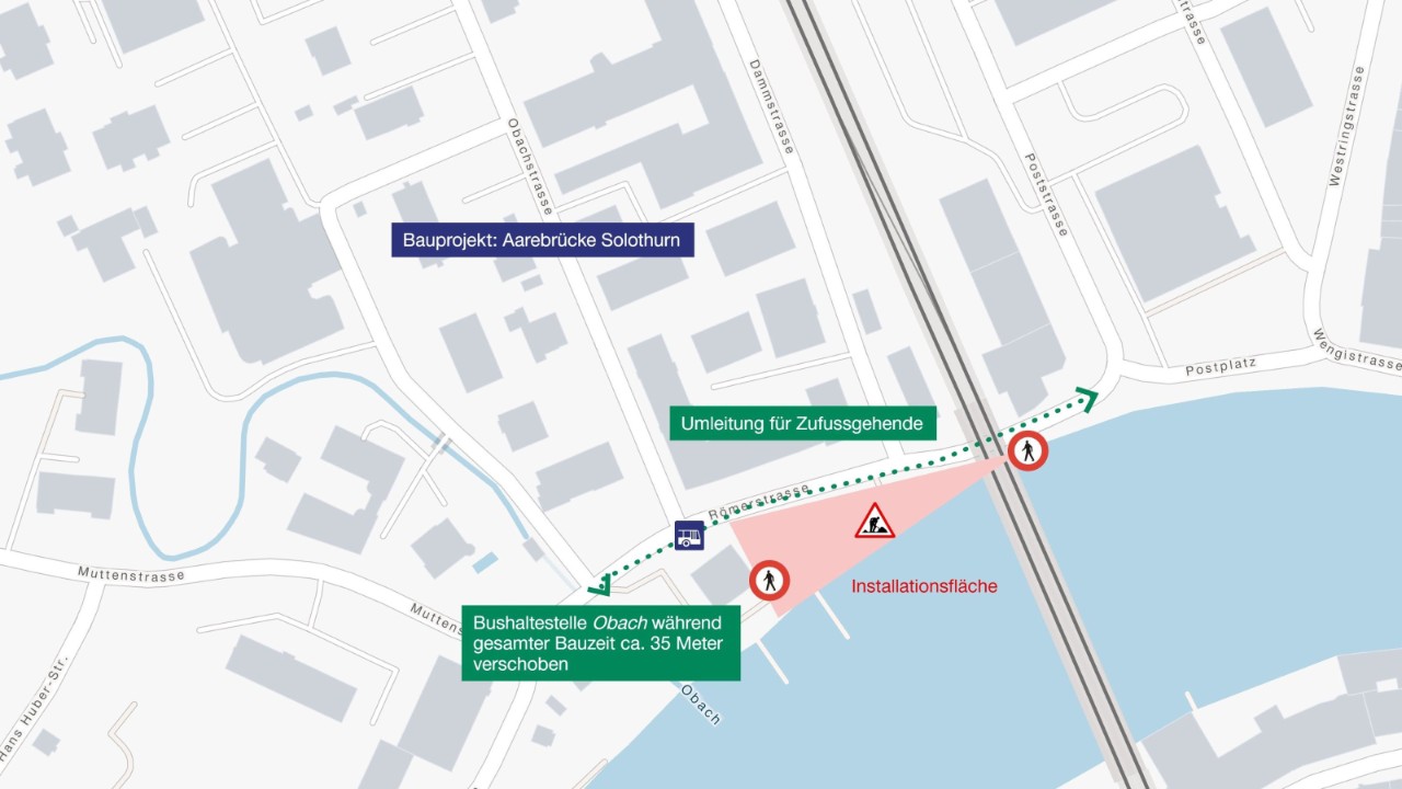 Die vereinfachte Grafik zeigt die signalisierte Umleitung bei der Aarebrücke.