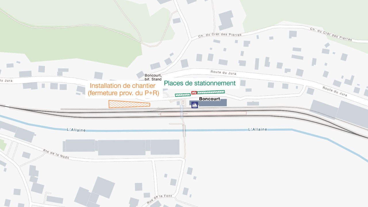 Plan du périmètre de la gare avec les installations de chantier et places de parc restant à disposition durant les travaux d’aménagement de la place de la gare.