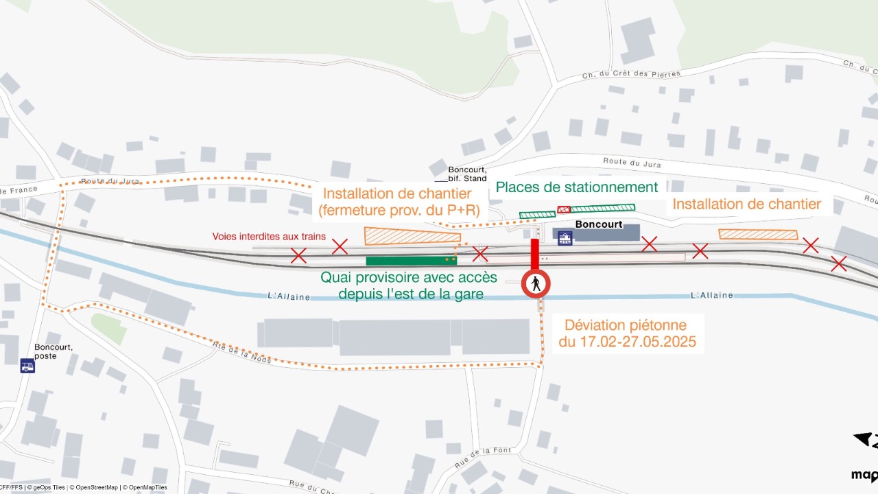 Plan du périmètre de la gare avec les installations de chantier et places de parc restant à disposition durant les travaux, ainsi que la déviation piétonne nécessaire durant la fermeture du passage sous-voies.