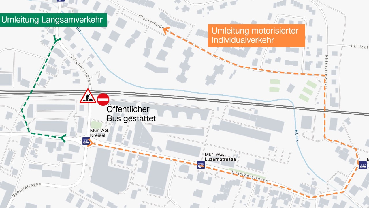 Die Grafik zeigt in vereinfachter Form die Umleitungen des Langsamverkehrs und dem motorisierten Individualverkehr.