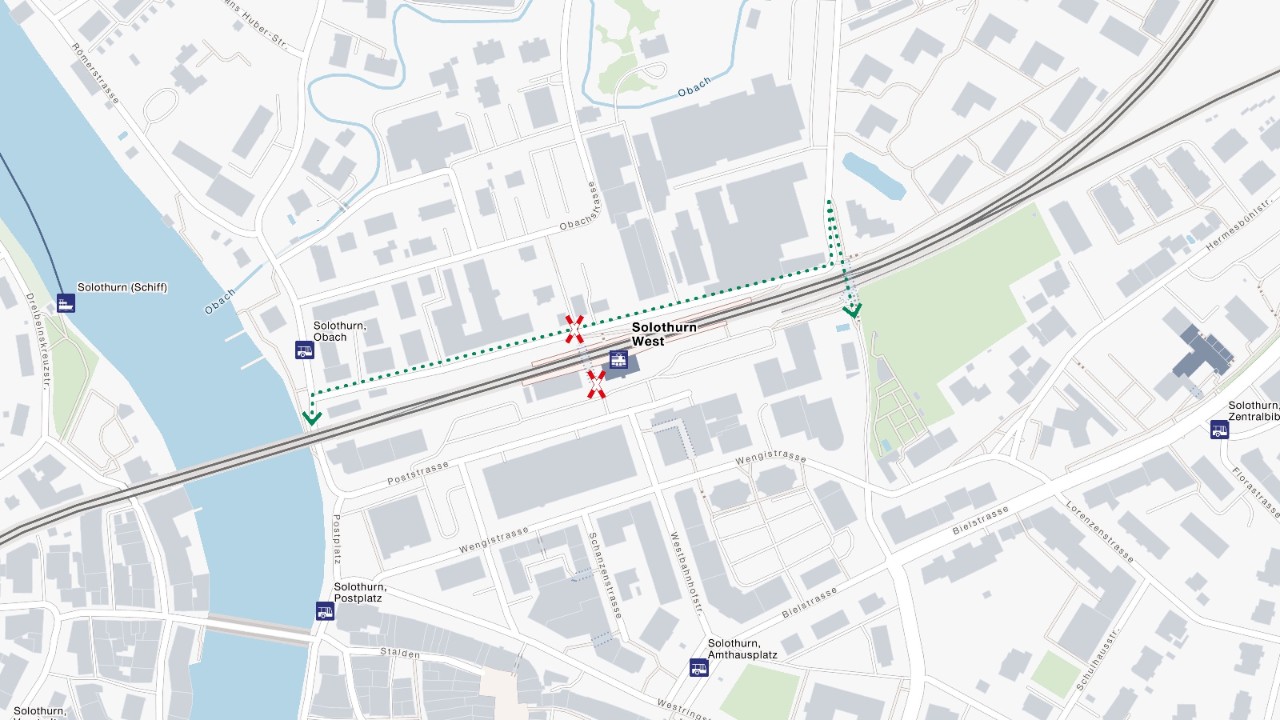 Die einfach Grafik zeigt die Umleitung am Bahnhof Solothurn West während der Sperre der Personenunterführung.