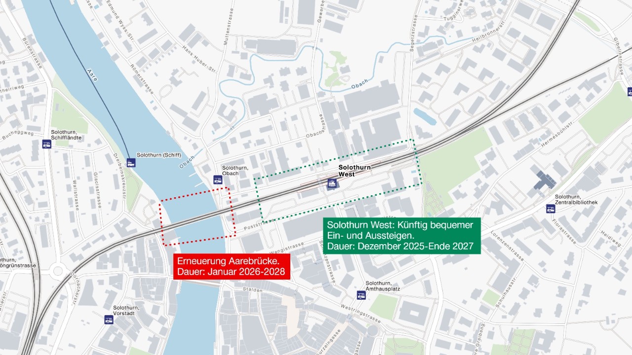 Die vereinfachte Grafik zeigt die geografische Lage, der  Bauprojekte Aarebrücke und Bahnhof Solothurn West.