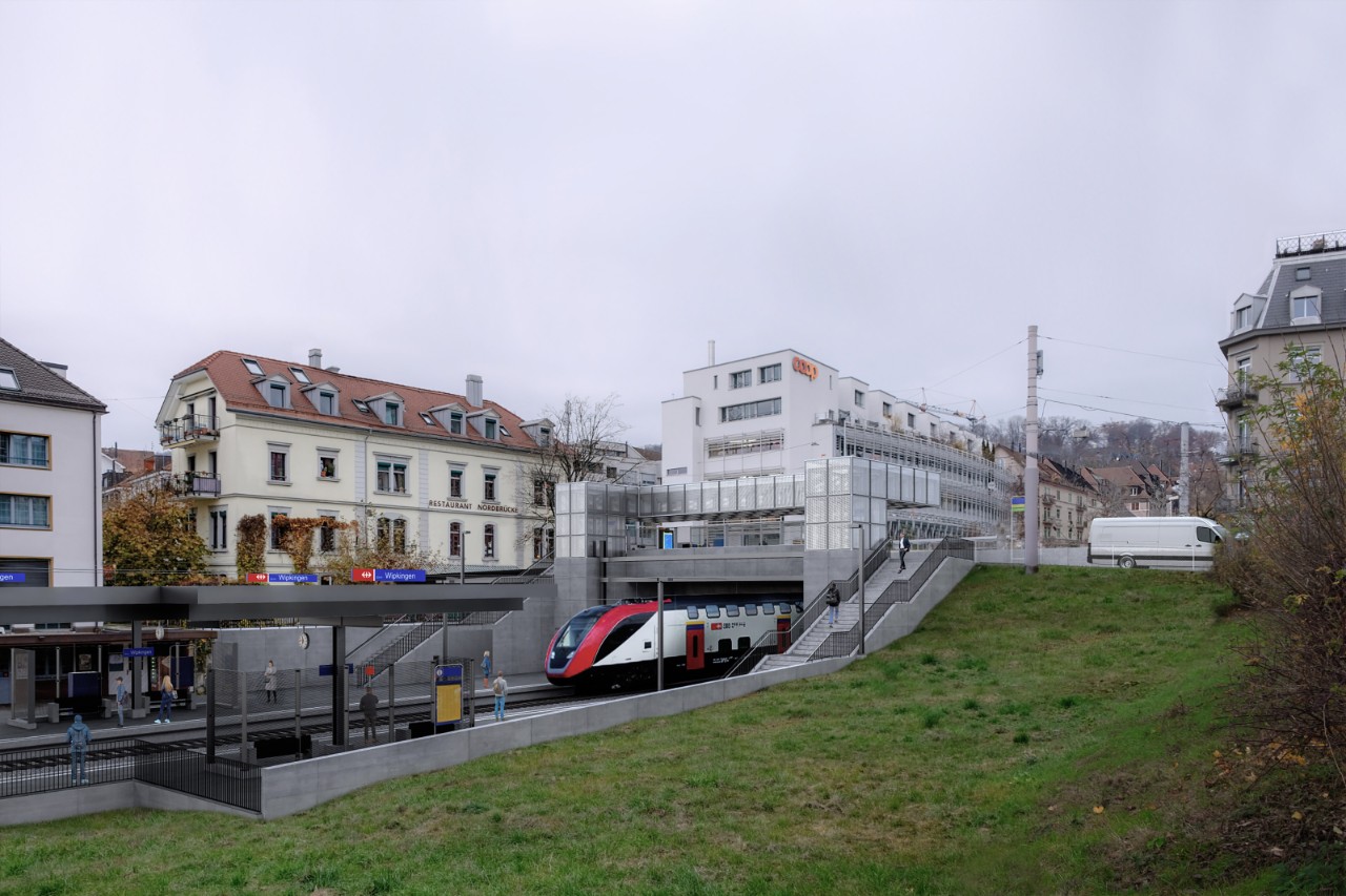 Diese Visualisierung zeigt den nördlichen Bereich des künftigen Bahnhofs Zürich Wipkingen: Dank den neuen Treppen und Liften gelangen die Reisenden von den Perrons direkt auf die Nordbrücke. 
