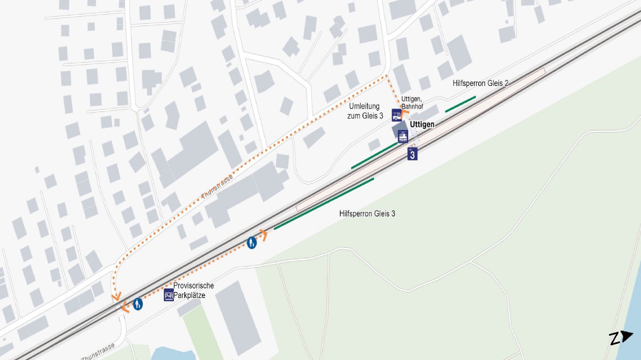 Alternativtext: Der Plan zeigt den Bahnhof Uttigen mit den provisorischen Perrons und der Umleitung für den Zugang zum Gleis 3. Die Personenunterführung ist von Oktober 2023 bis April 2024 gesperrt.