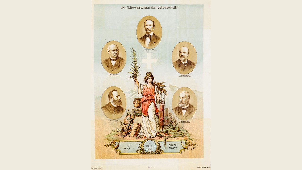 Poster for the popular vote of 1898 entitled “The Swiss railways for the Swiss people”.