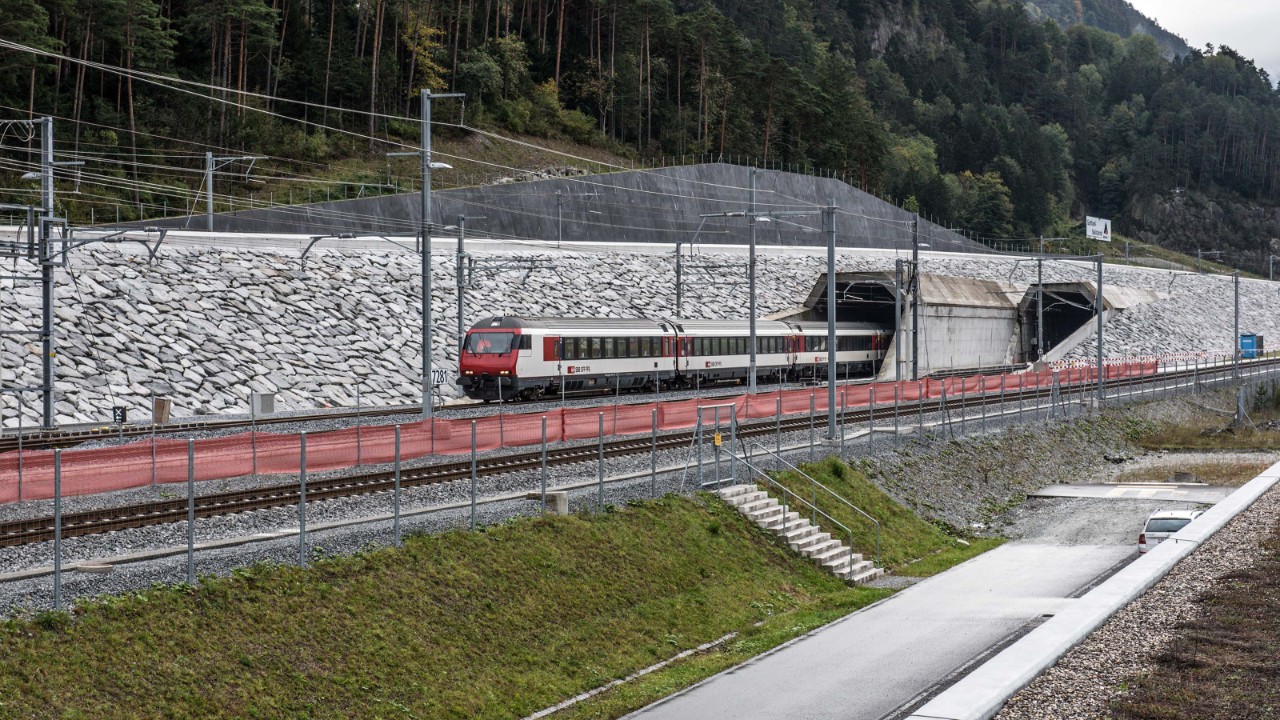 An SBB multiple unit exiting the Gotthard Base Tunnel north of Erstfeld, Gotthard north portal.