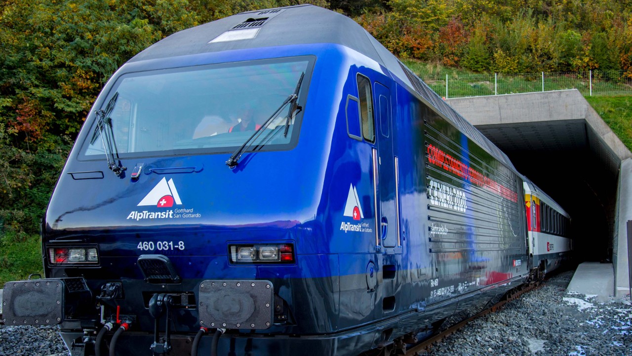 An SBB train leaves the Ceneri Base Tunnel.