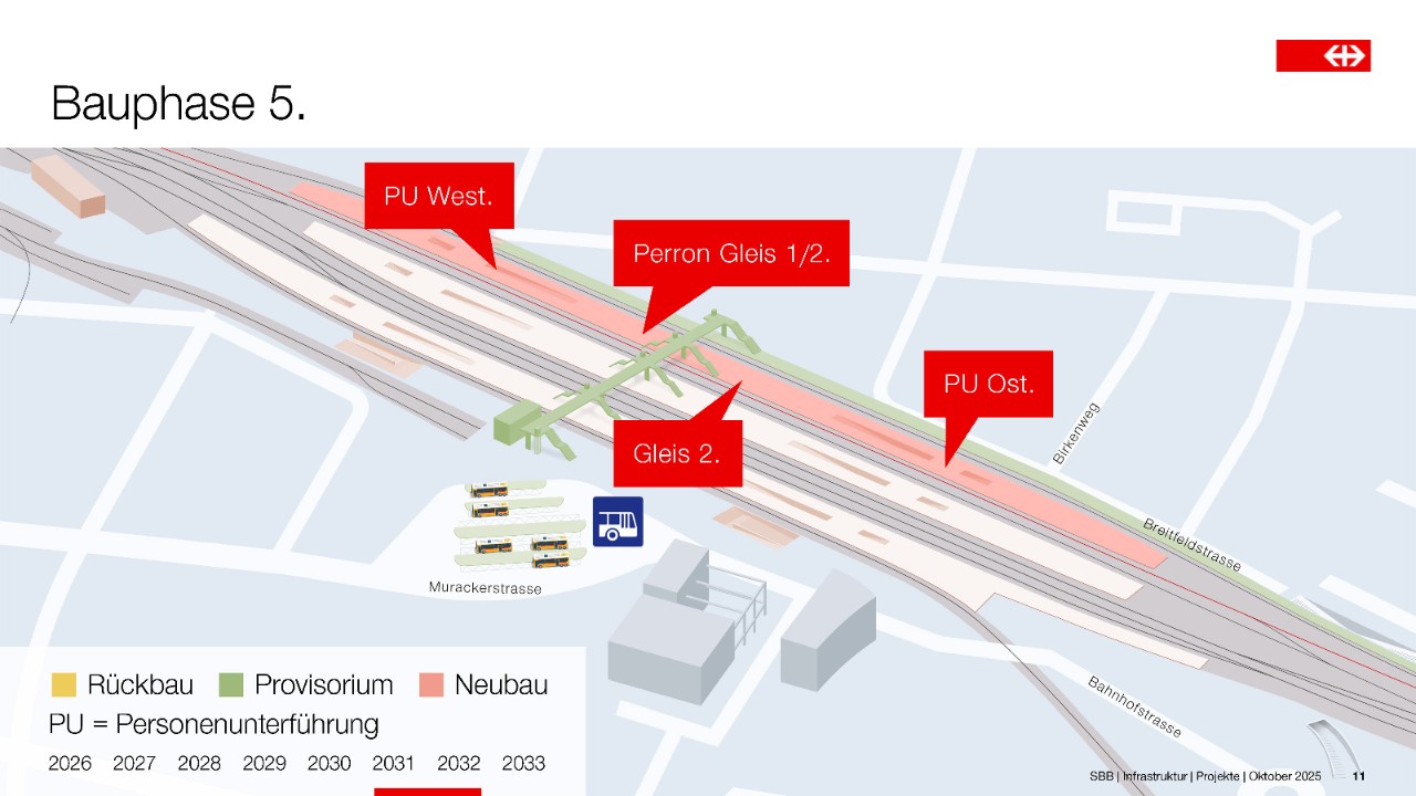 vereinfachte Grafik zeigt den Neubau des Perrons Gleis 1/2 und der Personenunterführungen West und Ost.