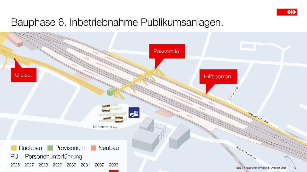 In der vereinfachten Grafik ist der Rückbau der provisorischen Passerelle, des Hilfsperrons und weiterer Gleisanlagen dargestellt.