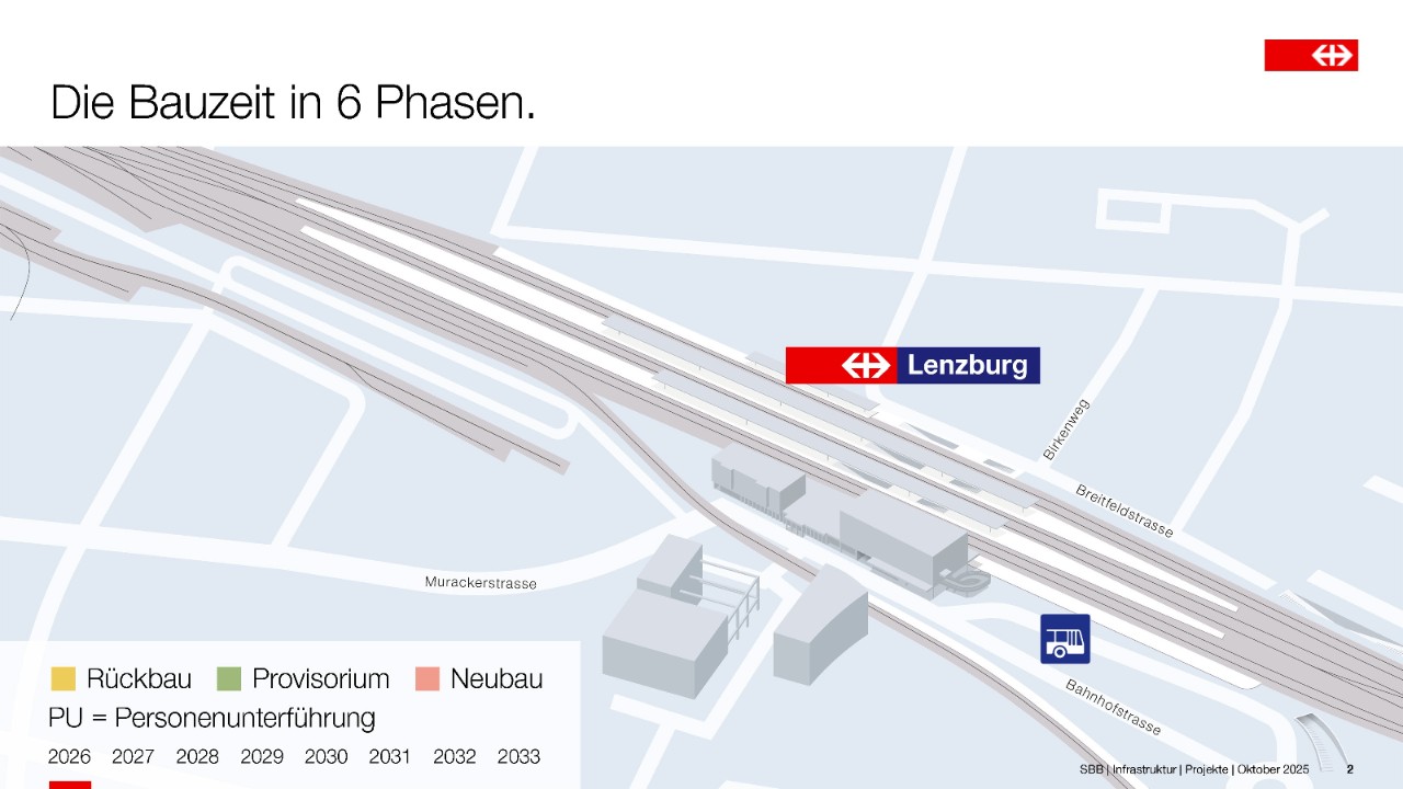 Die vereinfachte Grafik zeigt einen schematischen Plan vom Bahnhof Lenzburg. 